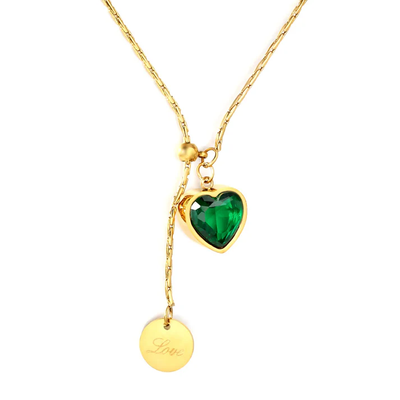 Tresoli Stainless Steel Gold Color PVD Dainty Green Heart Pendant Necklace With Round Love Tag