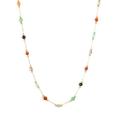 Tresoli Stainless Steel Gold Color PVD Small Steel And Multi Color Stones Square End Cap Necklace