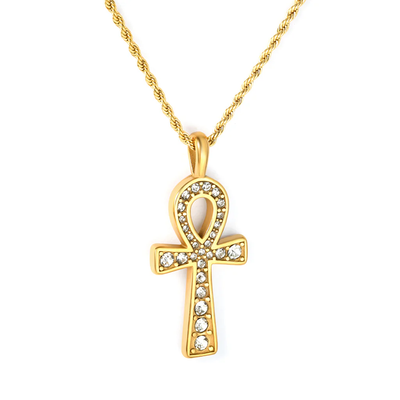 Tresoli Stainless Steel Gold Color PVD Egyptian Cross Pendant With White Acrylic Diamonds Twisted Chain Round Tag Necklace