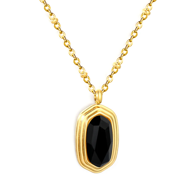 Tresoli Stainless Steel Gold Color PVD Black Agate Stone Pendant Clip Bead Chain Round Tag Necklace