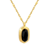 Tresoli Stainless Steel Gold Color PVD Black Agate Stone Pendant Clip Bead Chain Round Tag Necklace