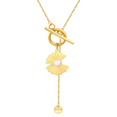 Tresoli Stainless Steel Gold Color PVD Irregular Lotus Petal Shaped Pearl Cross Chain Necklace With Round Tag