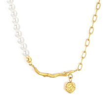 Load image into Gallery viewer, Tresoli Stainless Steel Gold Color PVD Branch With Rose Pearl And Hammer Cross Chain Pendant Necklace