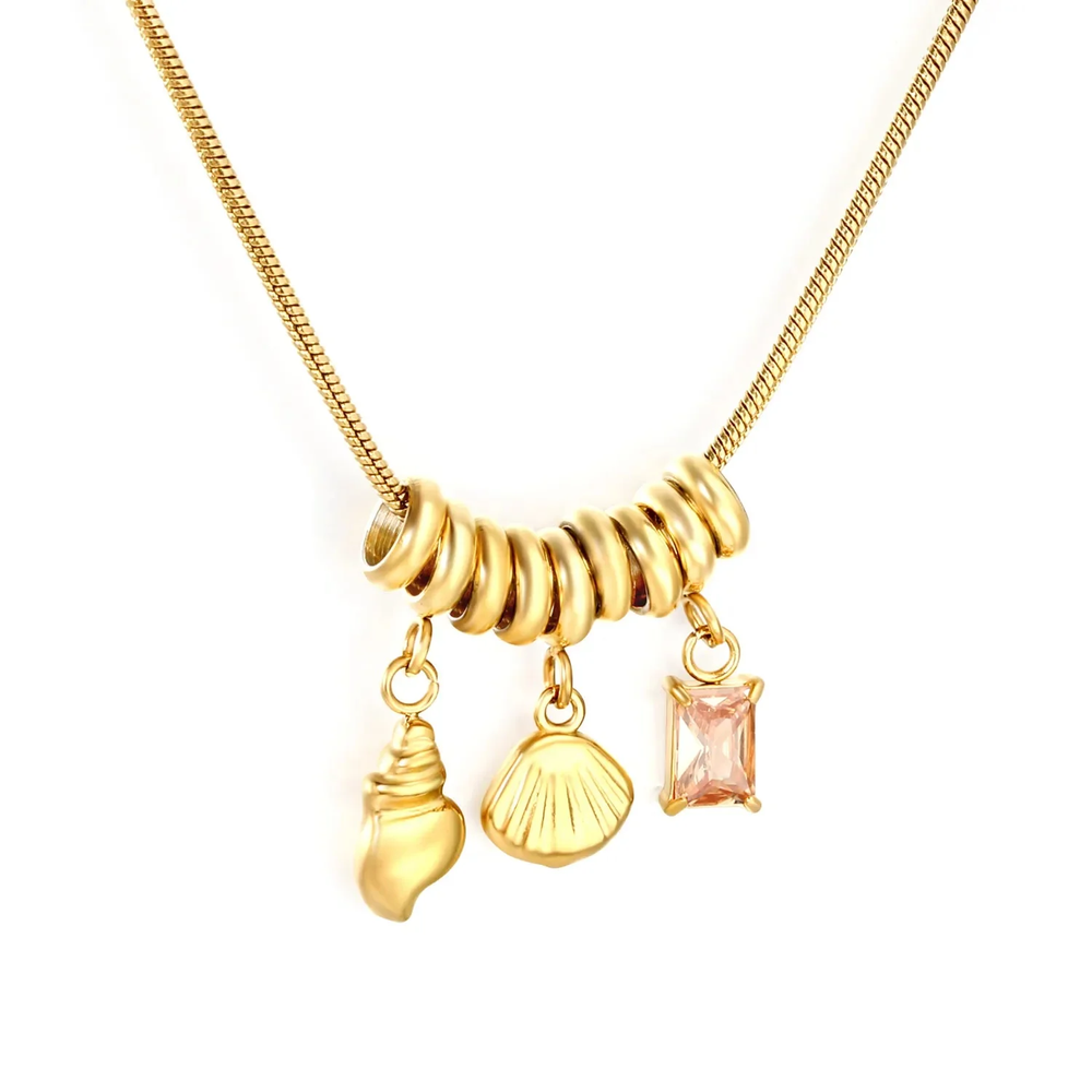 Stainless Steel Gold Color PVD Conch Shell Champagne Pendant Necklace