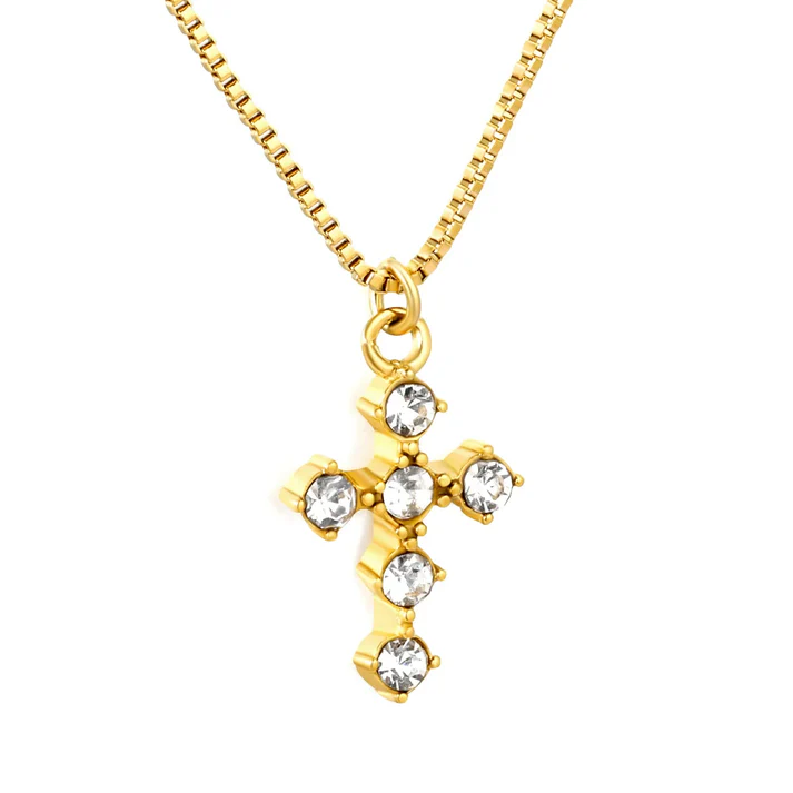 Tresoli Stainless Steel Gold Color PVD Cross Shaped Pendant Box Chain Necklace With Diamonds