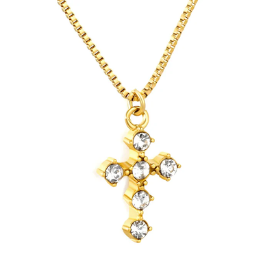 Tresoli Stainless Steel Gold Color PVD Cross Shaped Pendant Box Chain Necklace With Diamonds