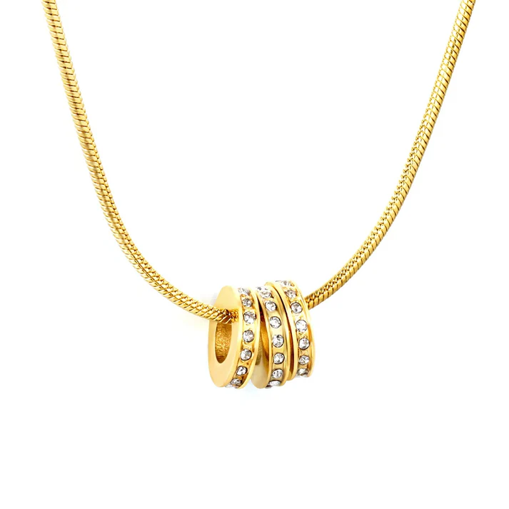 Tresoli Stainless Steel Gold Color PVD Hollow Three Ring Set Diamonds With Snake Chain Necklace