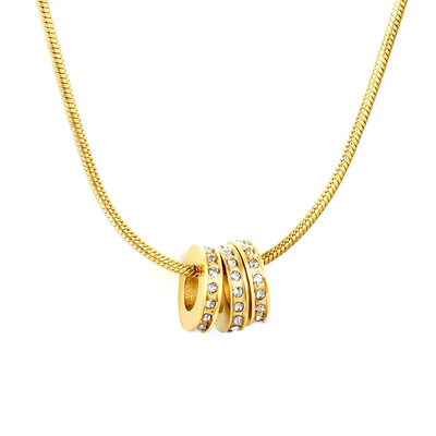 Tresoli Stainless Steel Gold Color PVD Hollow Three Ring Set Diamonds With Snake Chain Necklace