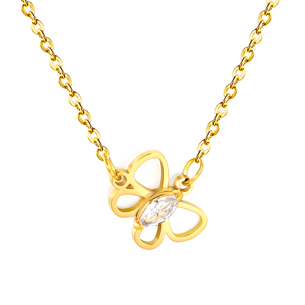 Tresoli Stainless Steel Gold Color PVD Openwork Butterfly With Marquise Cut White Zirconia Pendant Cross Chain Necklace
