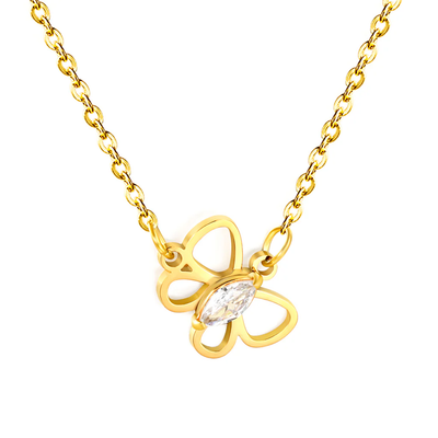 Tresoli Stainless Steel Gold Color PVD Openwork Butterfly With Marquise Cut White Zirconia Pendant Cross Chain Necklace