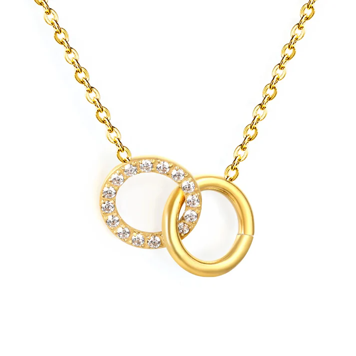 Stainless Steel Gold Color PVD Smooth Hollow Round Rings With Diamonds Necklace