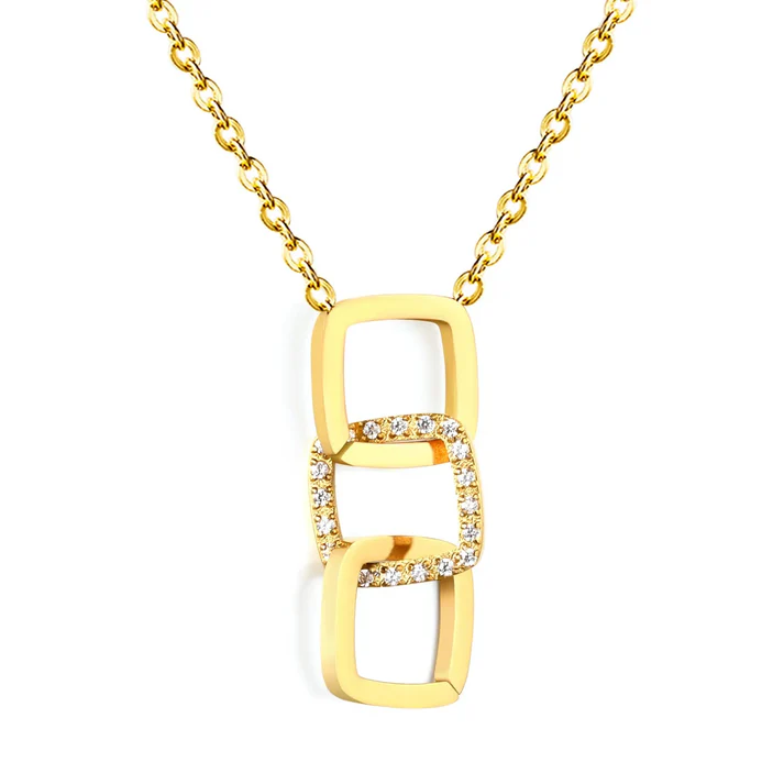 Tresoli Stainless Steel Gold Color PVD Wide Smooth Geometric Hollowed Design With Diamond Necklace