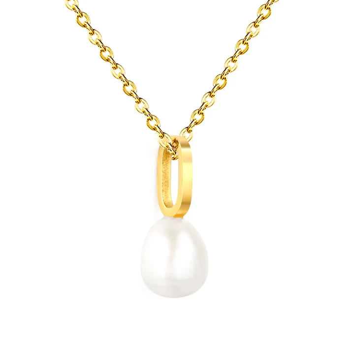 Tresoli Stainless Steel Gold Color PVD Oval Shaped Geometric Piece Assembled Pearl Necklace