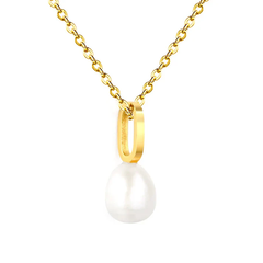 Tresoli Stainless Steel Gold Color PVD Oval Shaped Geometric Piece Assembled Pearl Necklace