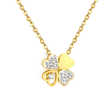 Tresoli Stainless Steel Gold Color PVD Four Leaf Clover Oil Drop Pendant Necklace With White Diamond