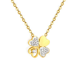 Tresoli Stainless Steel Gold Color PVD Four Leaf Clover Oil Drop Pendant Necklace With White Diamond