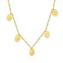 Load image into Gallery viewer, Tresoli Stainless Steel Gold Color PVD Five Pointed Star Elliptical Pendant Cross Chain Round Tassel Necklace