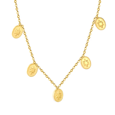Tresoli Stainless Steel Gold Color PVD Five Pointed Star Elliptical Pendant Cross Chain Round Tassel Necklace