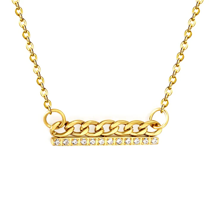 Tresoli Stainless Steel Gold Color PVD Single Cut White Diamond And Cross Chain Bar Necklace