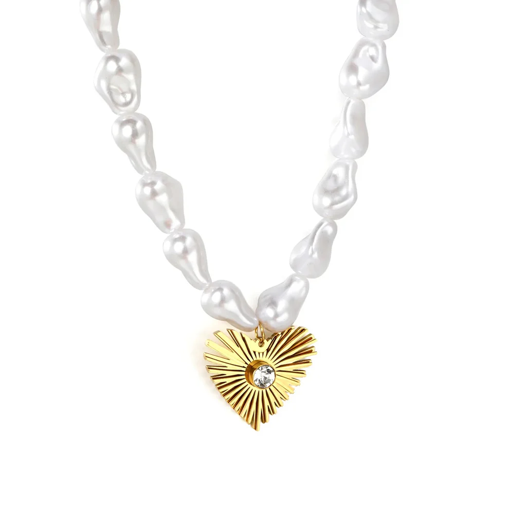 Stainless Steel Gold Color PVD Heart Diamond Inlaid Baroque Imitation Pearl Pendant Necklace