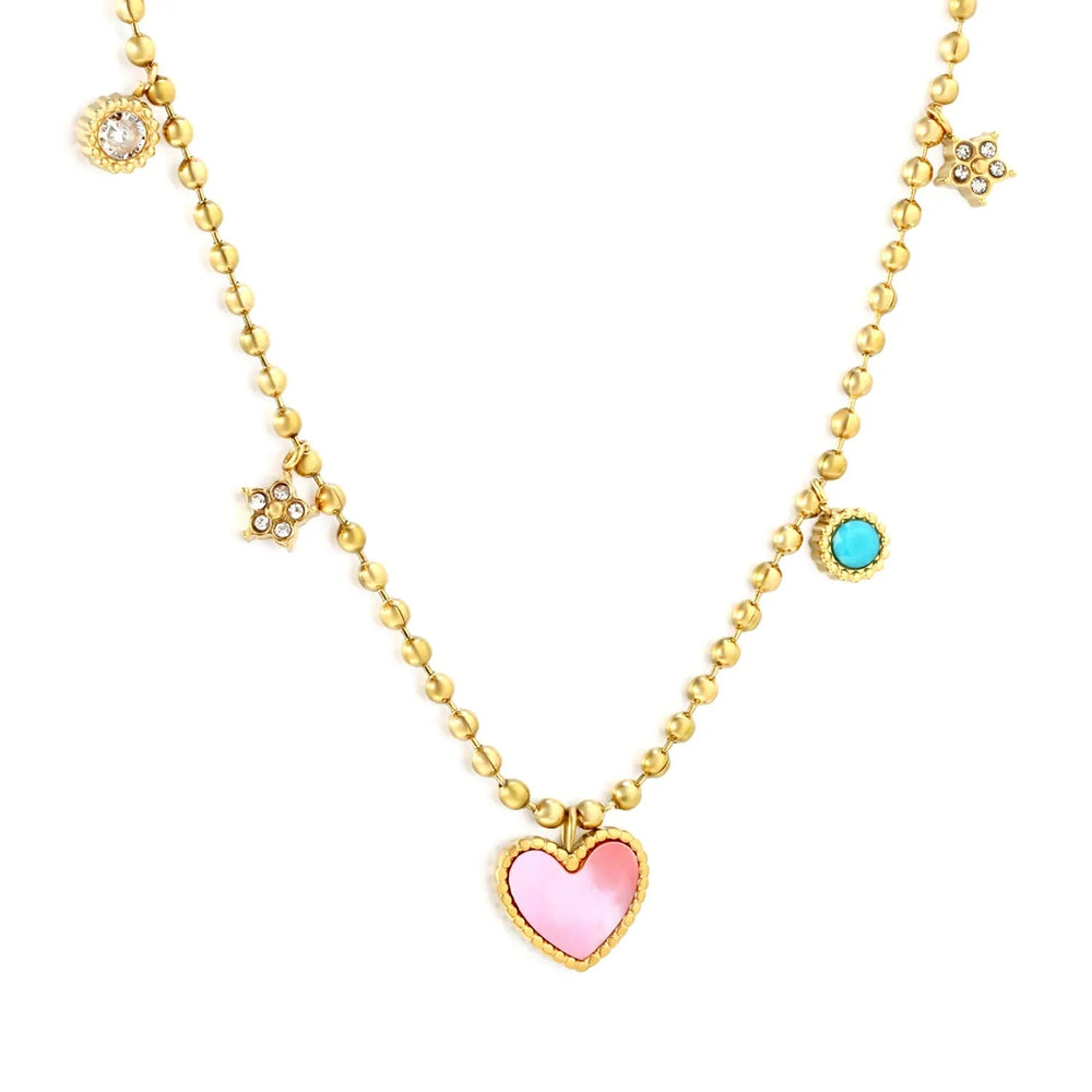 Stainless Steel Gold Color PVD Different Shapes Zircon Beads Chain Necklace