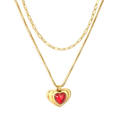 Tresoli Stainless Steel Gold Color PVD Double Layer Chain Heart Red Pendants Necklace
