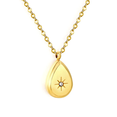 Tresoli Stainless Steel Gold Color PVD Cross Chain Teardrop Octagram Diamond Inlaid Pendant Necklace