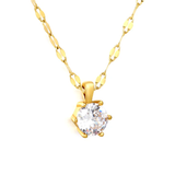 Tresoli Stainless Steel Gold Color PVD Round White Zirconia Pendant 6 Prong Setting Necklace