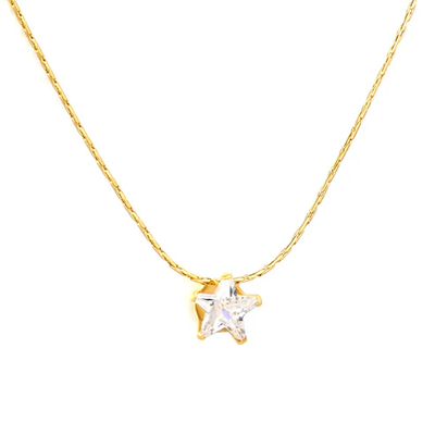Tresoli Stainless Steel Gold Color PVD White Diamond Star Pendant With Cross Link Necklace