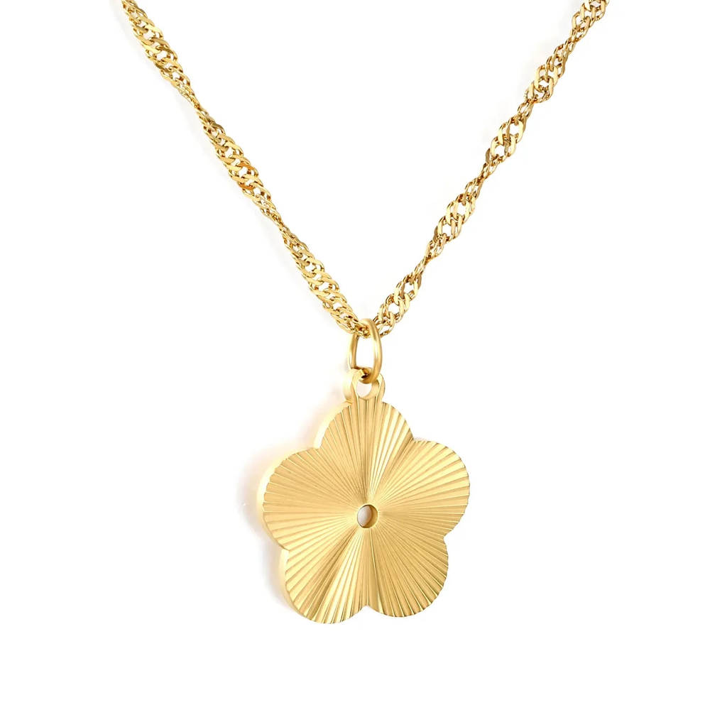 Tresoli  Stainless Steel Gold Color PVD Wave Chain Laser Plum Blossom Pendant Necklace