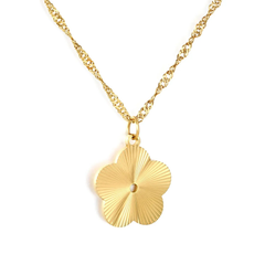 Tresoli  Stainless Steel Gold Color PVD Wave Chain Laser Plum Blossom Pendant Necklace