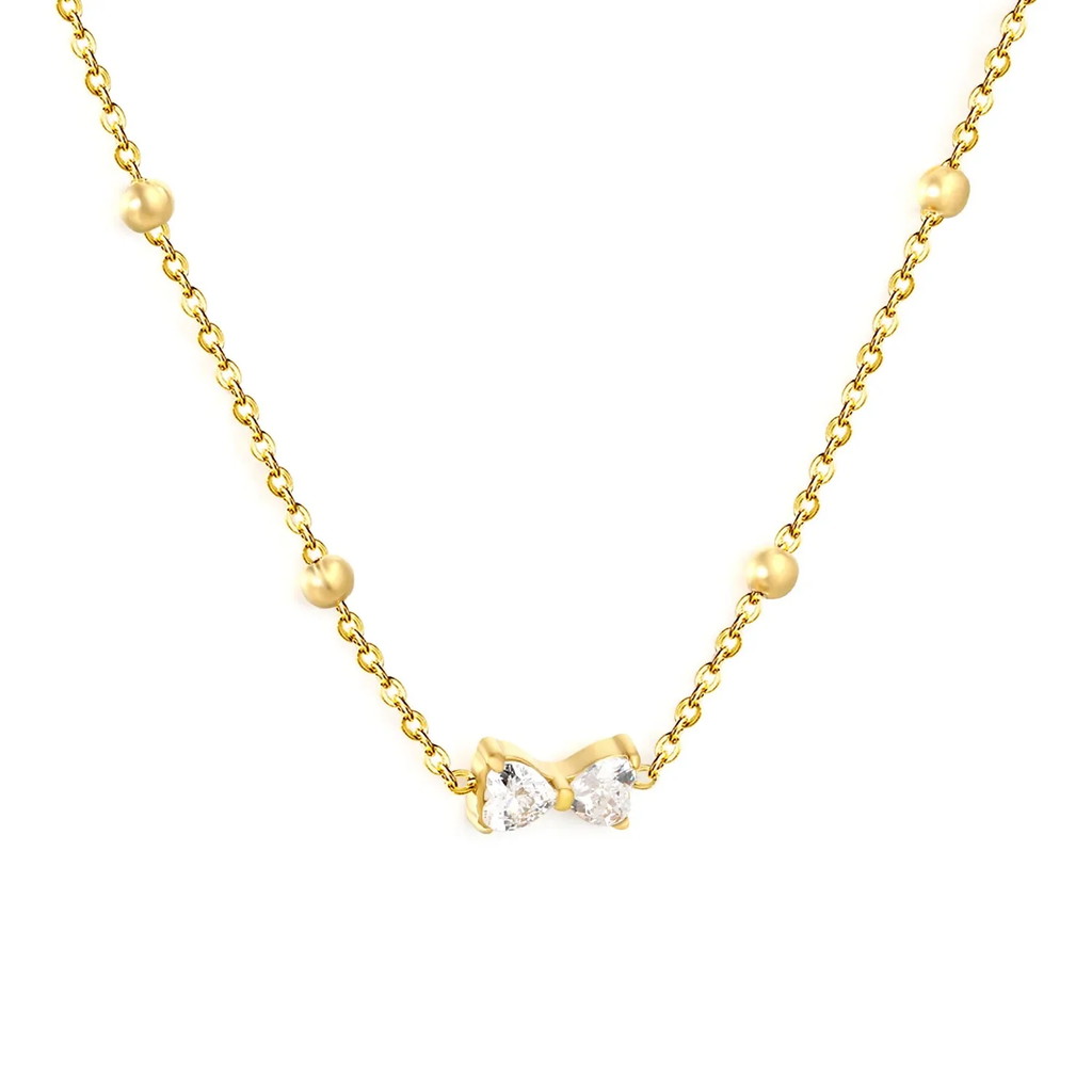 Tresoli Stainless Steel Gold Color PVD Bowknot White Zircon Cross Chain Pendant Necklace