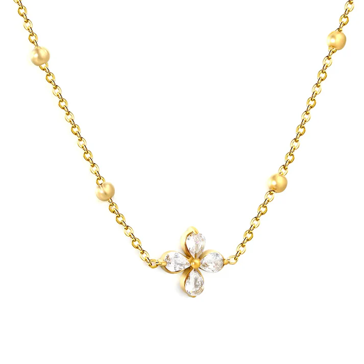 Stainless Steel Gold Color PVD Bead Clasp Chain Flower Inlaid White Zircon Pendant Necklace