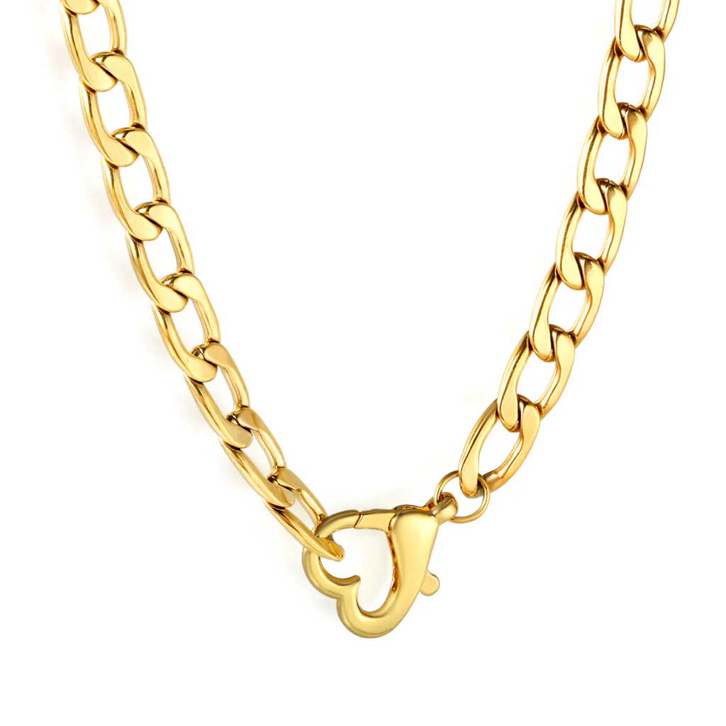 Tresoli Stainless Steel Gold Color PVD Heart Cuban Chain Necklace