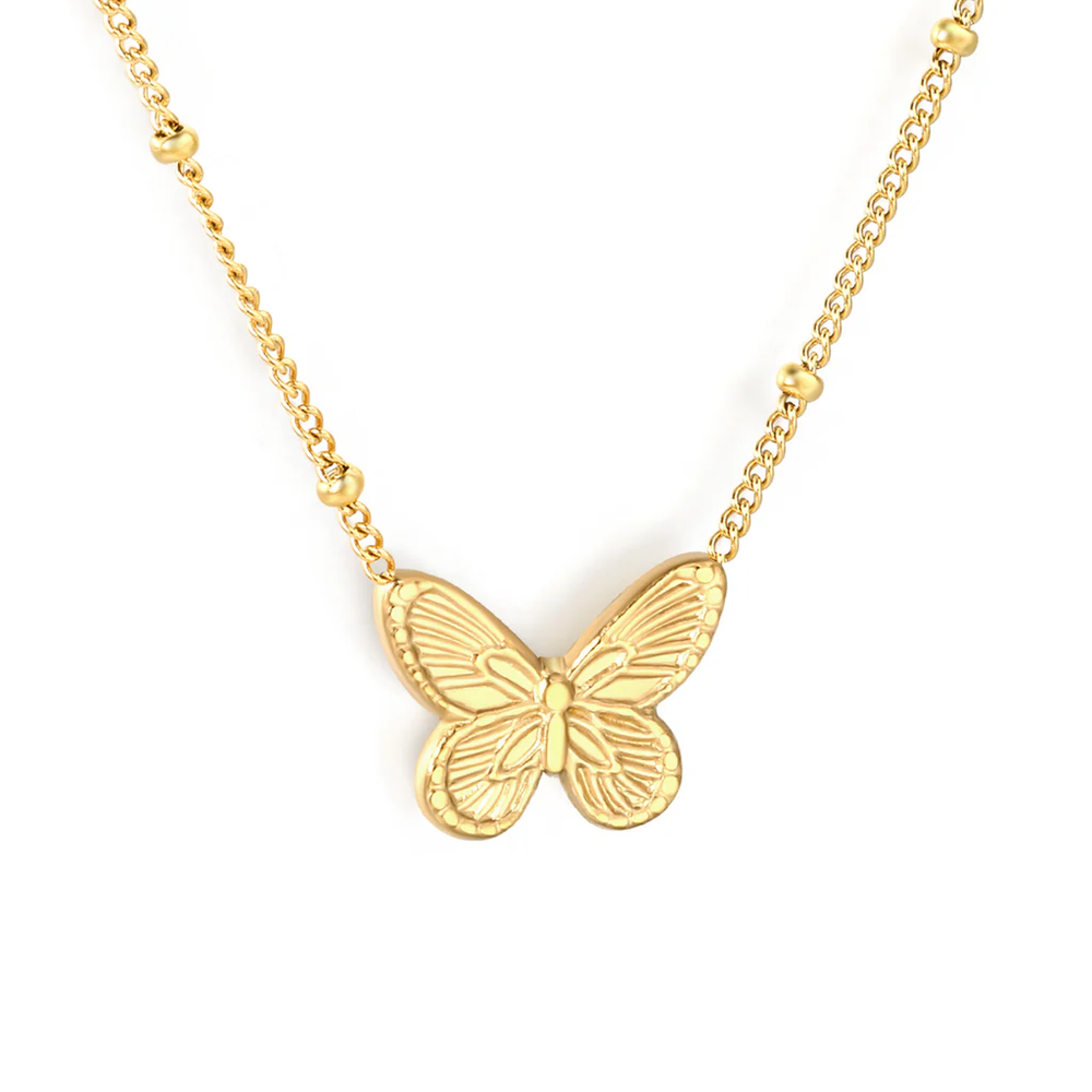Stainless Steel Gold Color PVD Beads Chain Butterfly Design Cast Craft Necklace
