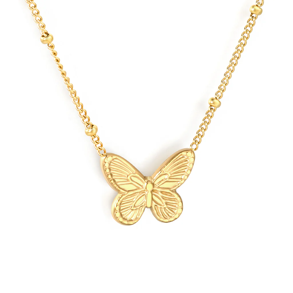 Tresoli Stainless Steel Gold Color PVD Beads Chain Butterfly Design Cast Craft Necklace