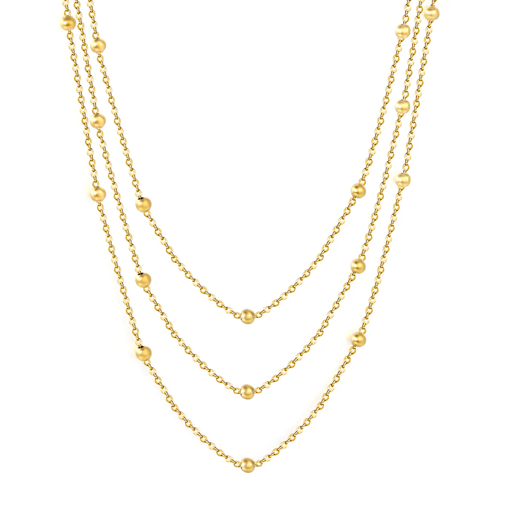 Tresoli Stainless Steel Gold Color PVD Beads Triple Lines Necklace