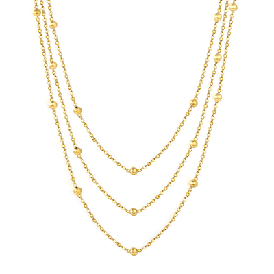 Tresoli Stainless Steel Gold Color PVD Beads Triple Lines Necklace