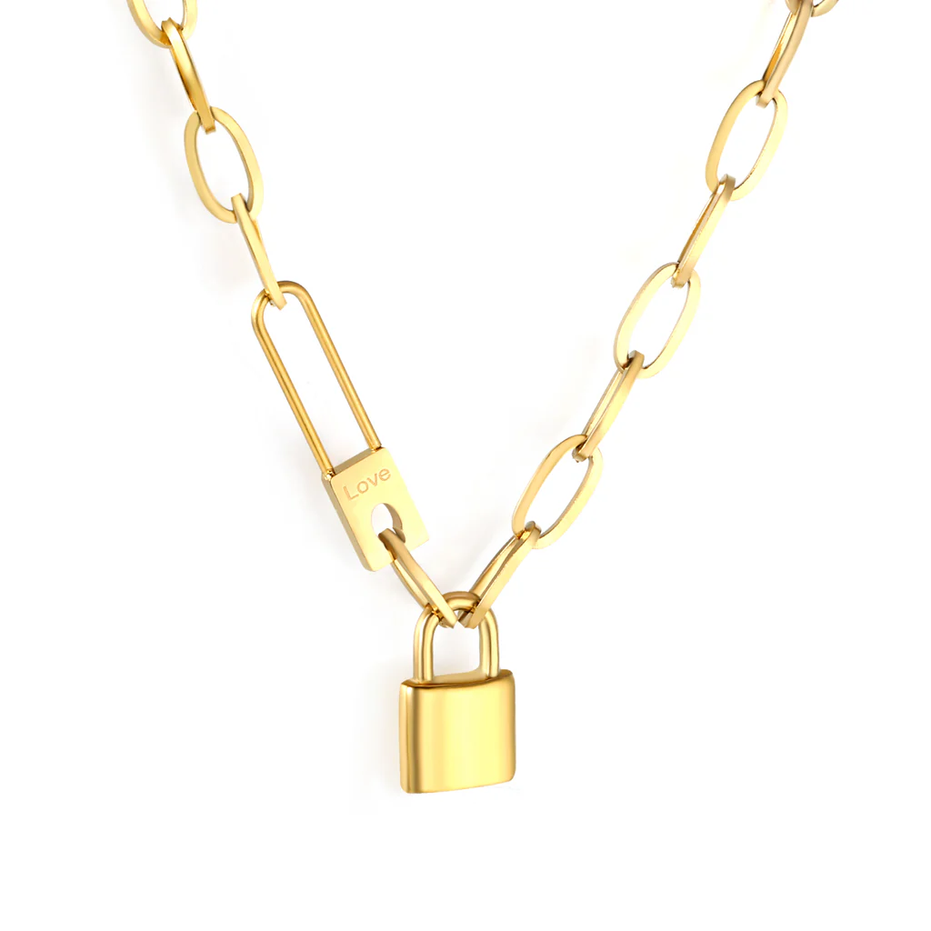Tresoli Stainless Steel Gold Color PVD Chunky Chain Lock Pendant Necklace