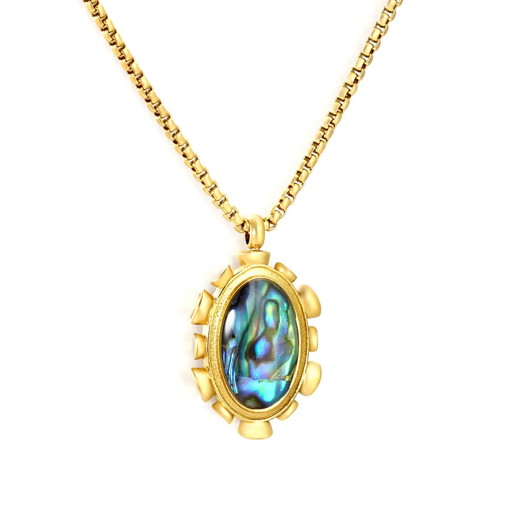 Stainless Steel Gold Color PVD Square Pearl Blue Oval Abalone Shell Pendant Necklace