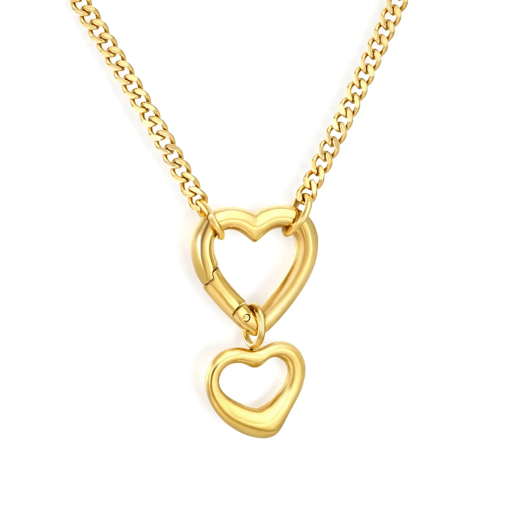 Tresoli Stainless Steel Gold Color PVD Double Sided Polished Chain Heart Pendant Necklace