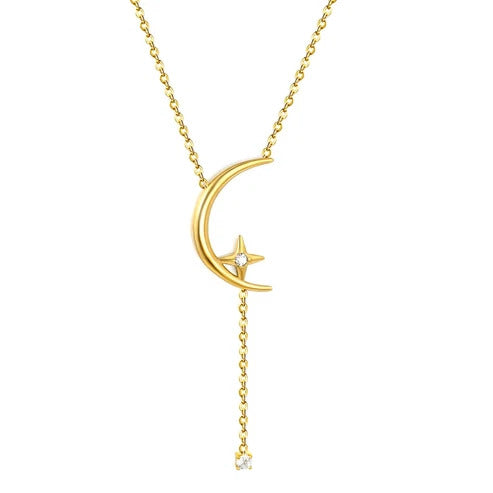 Stainless Steel Gold Color PVD Moon Eight Pointed Star With Zircon Cable Chain Necklace