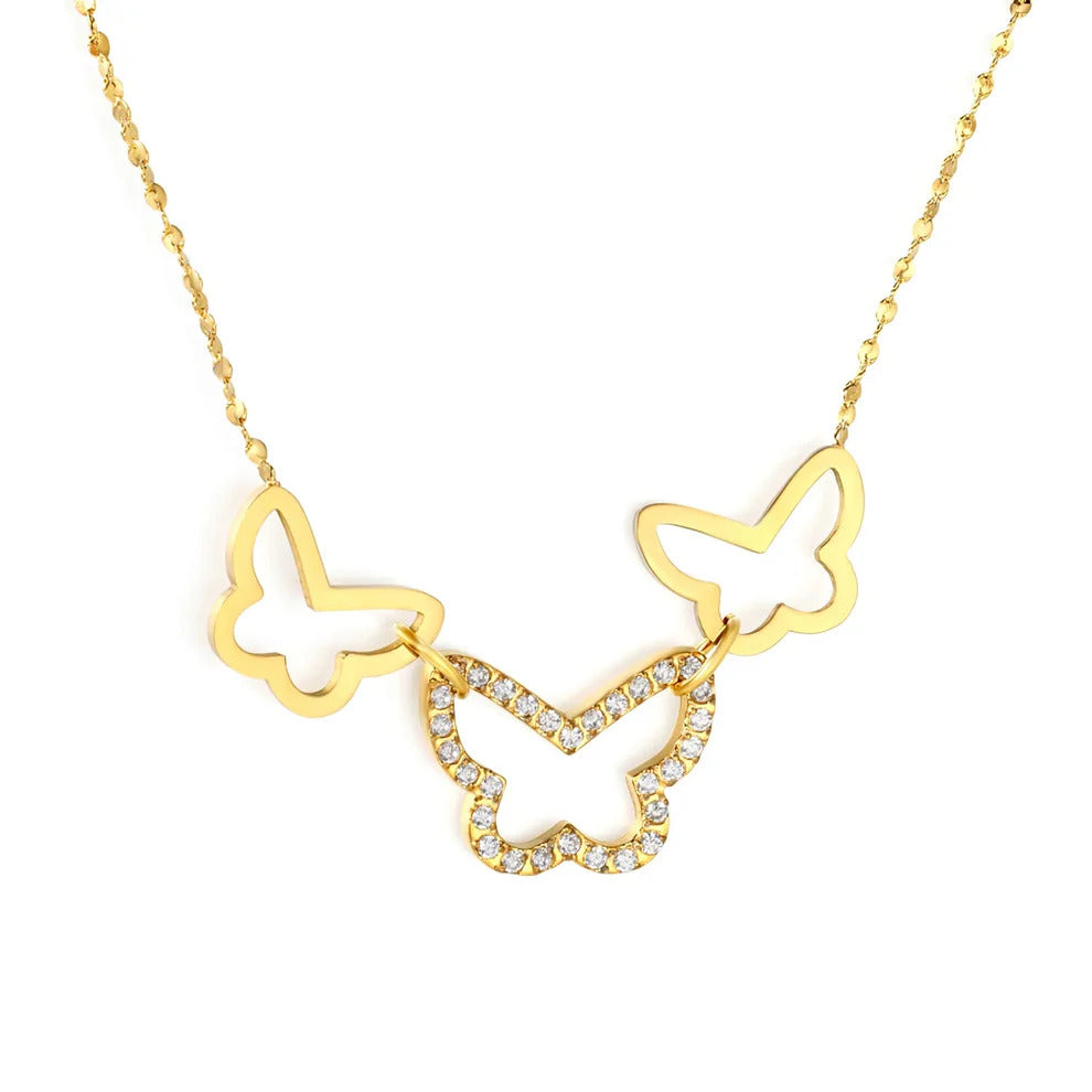 Stainless Steel Gold Color PVD CNC White Zircon Inlaid Hollow Polished Butterfly Charm Necklace