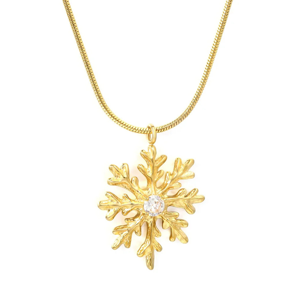 Tresoli Stainless Steel Gold Color PVD Snowflake Pendant Inlaid Round White Zircon Round Snake Chain Necklace