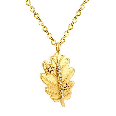 Stainless Steel Gold Color PVD Paved Zircon Snowflake Leaf Cable Chain Necklace