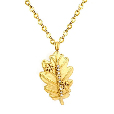 Stainless Steel Gold Color PVD Paved Zircon Snowflake Leaf Cable Chain Necklace