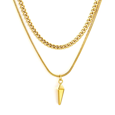 Tresoli Stainless Steel Gold Color PVD Double Chain Stud Pendant Necklace