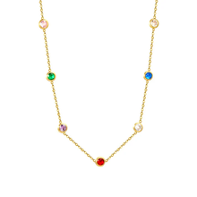 Load image into Gallery viewer, Tresoli Stainless Steel Gold Color PVD Seven Stone Mixed Color Diamond Dainty Necklace