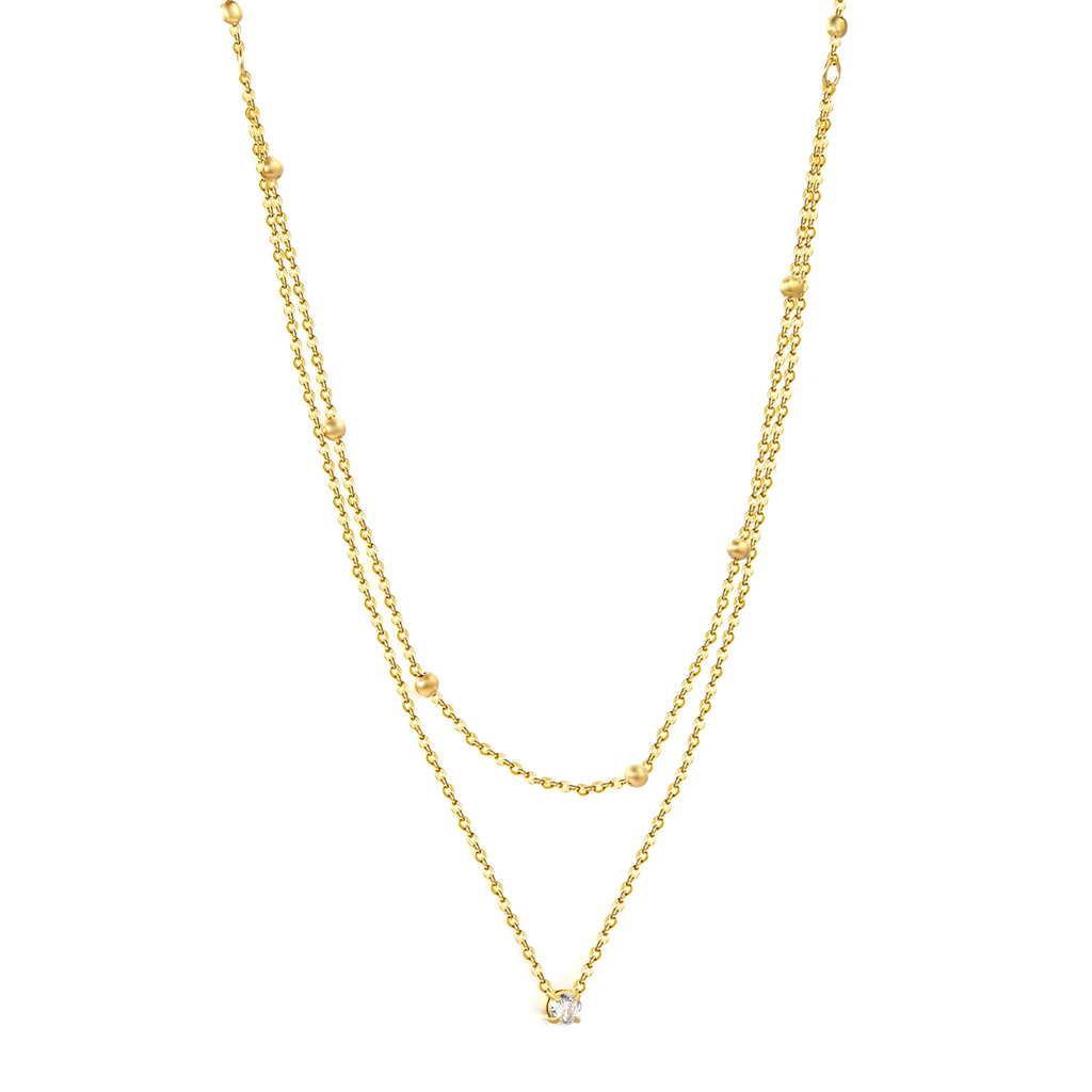 Tresoli Stainless Steel Gold Color PVD Round Diamond And Pearl Double Chain Necklace