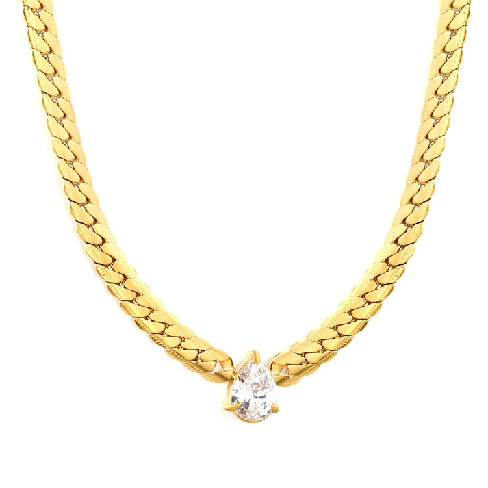 Tresoli Stainless Steel Gold Color PVD Teardrop Shaped Zirconia Dense Embossed NK Chain Necklace
